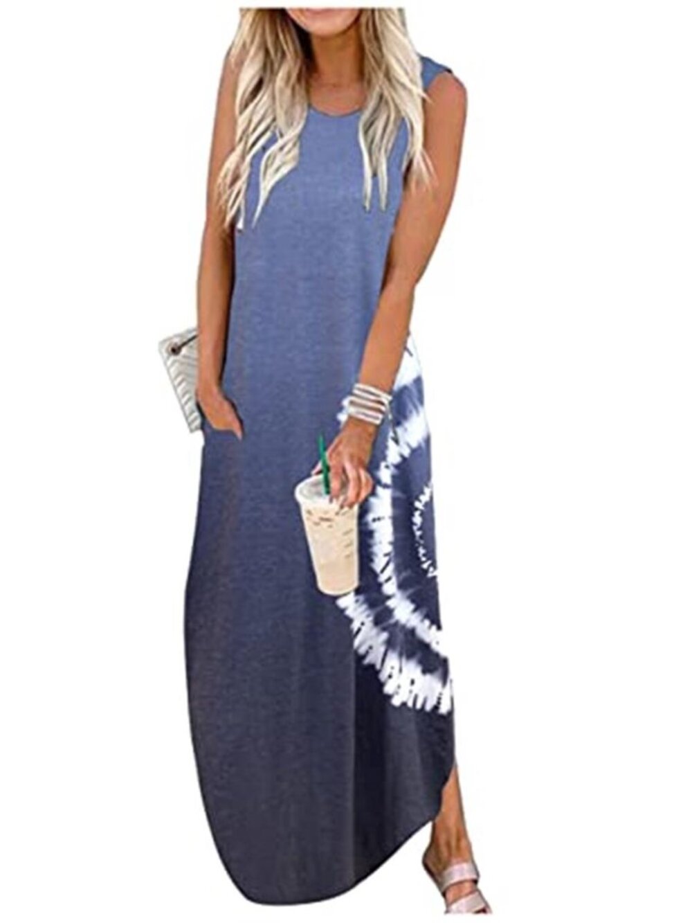 Womens Maxi Dress Summer Boho Beach Sleeveless Sundress Lightweight Pockets